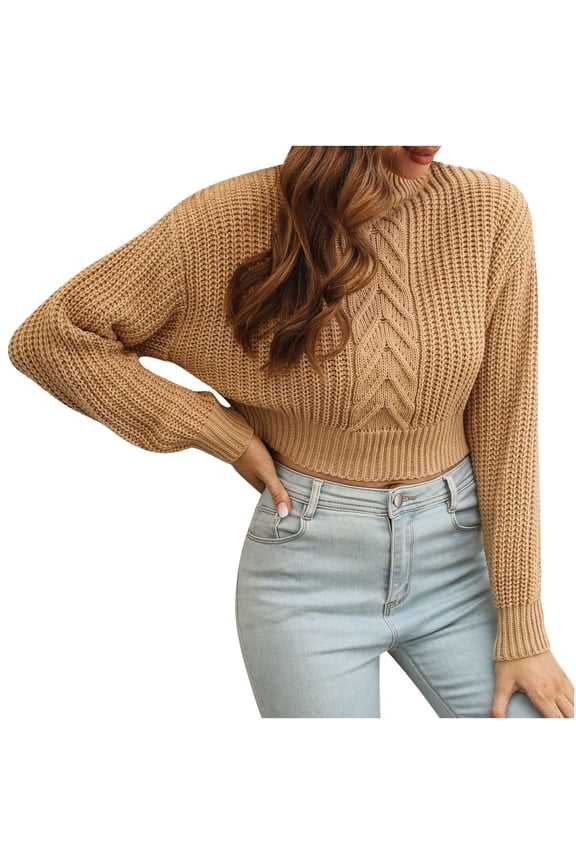 Cropped Sweaters for Women Dressy Women's Herringbone Three-dimensional Turtleneck Short Sweater Women's Loose And Winter Long-sleeved Sweater New Yellow S
