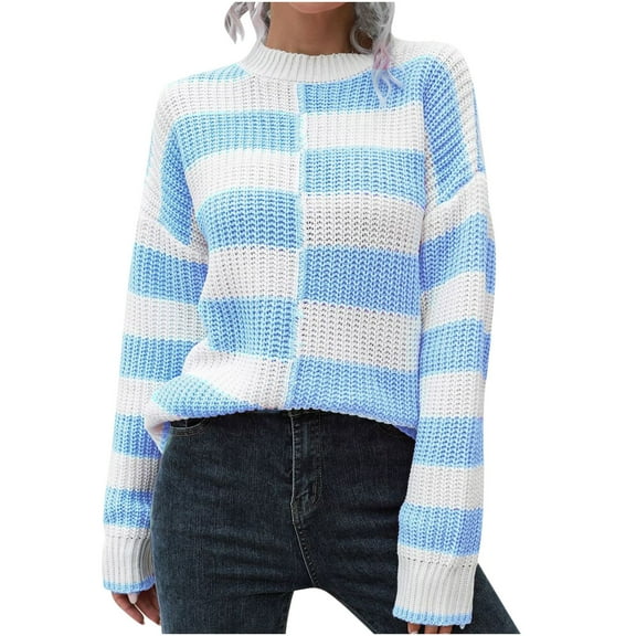 MIUOWANP Cropped Sweaters for Women Trendy Women's Clothing Design Striped Sweater Women's Loose And Winter Long-sleeved European And Knitted Sweaters New Light Blue M