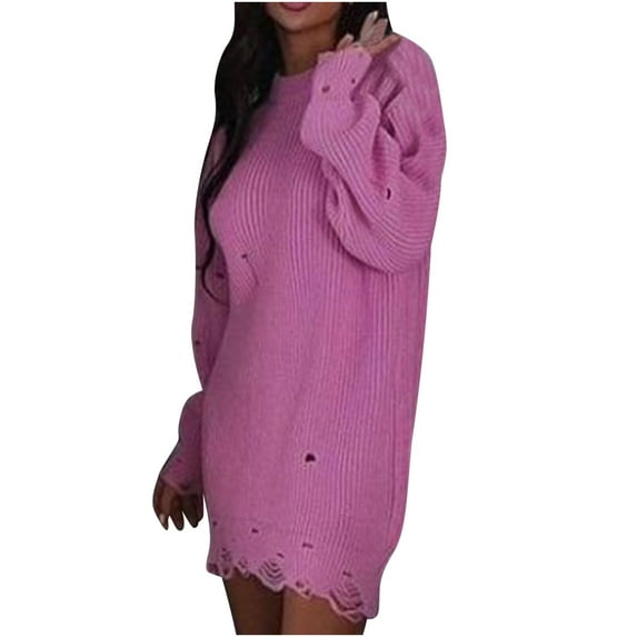 MIUOWANP Cropped Sweaters for Women Zip up Women's Autumn And Winter Long Sleeve Round Neck Thick Needle Hem Irregular Round Neck Sweater Knit Dress Pink M
