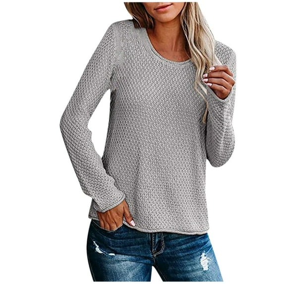 MIUOWANP Cropped Sweaters for Women Women's Round- Neck Recreational Pullover Knitting Sweater Long Sleeve Tops Gray S
