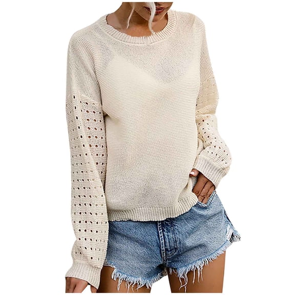 MIUOWANP Cropped Sweaters for Women Workout Women Casual Fashion Solid Hollow Out Pullover Long Sleeve Round-Neck Sweater White L