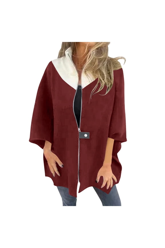 Cyber and Monday Lady Jacket Women's Winter Loose Casual Color Matching Jacket Zipper Stand Collar Woolen Top