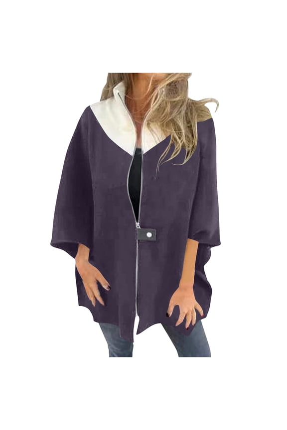 Cyber and Monday Lady Jacket Women's Winter Loose Casual Color Matching Jacket Zipper Stand Collar Woolen Top