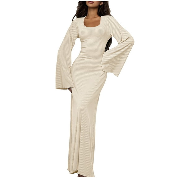 MIUOWANP Fall Dresses for Women 2024 Maxi Women's Long Sleeved Round-neck Fashion Solid Color And Ankle Dress