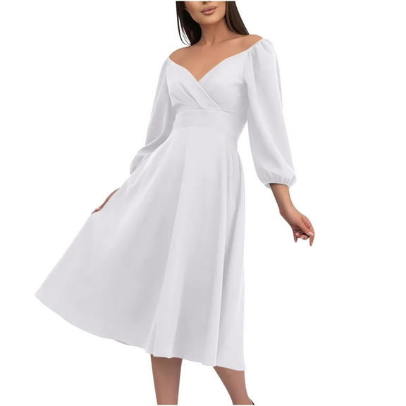 MIUOWANP Fall Dresses for Women 2024 Maxi Women's Temperament Fashionable Party Dress V-neck Waist Cinched Pocket Long Sleeve Dress