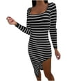 thumbnail image 1 of MIUOWANP Fall Dresses for Women 2024 Plus Size Ladies' Striped Printed Sexy Side Slit Long Sleeved Spread Collar Dress, 1 of 5