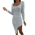 thumbnail image 1 of MIUOWANP Fall Dresses for Women 2024 Plus Size Ladies' Striped Printed Sexy Side Slit Long Sleeved Spread Collar Dress, 1 of 5