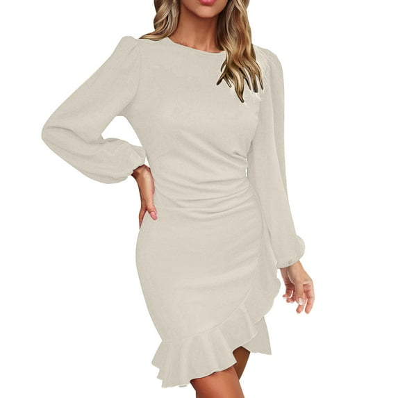 MIUOWANP Fall Dresses for Women 2024 Plus Size Women Fashion Sexy Long Sleeve V-Neck Slim- Bag Hip Plus Size Dress Beige M