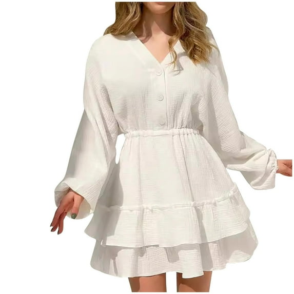 MIUOWANP Fall Dresses for Women 2024 Women's Temperament Solid Color Waist Cinched Ruffle V-neck Long Sleeved Dress