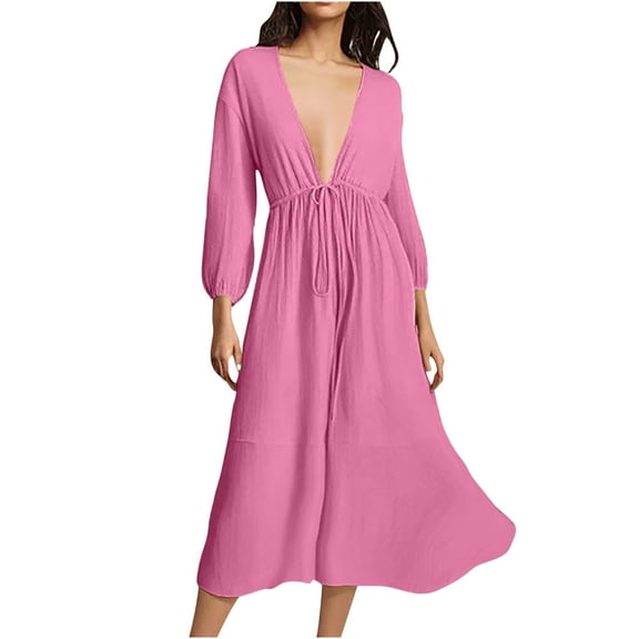 MIUOWANP Fall Dresses for Women long Women's Beach Vacation Long Sleeve V-neck Solid ColorWith Temperament Dress