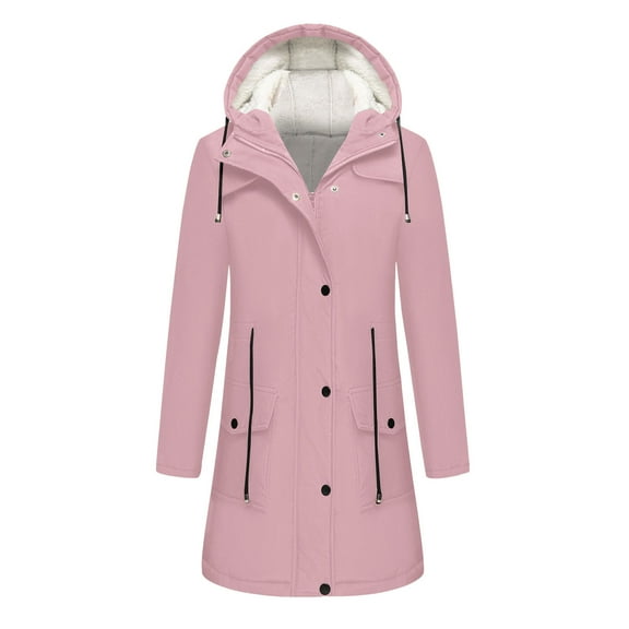 MIUOWANP Fall Jacket Women 2024 Women's Fashion Hooded Drawstring Button Jacket Zipper Pocket Mid Length Inner Plush Hoodie Winter Plush Jacket Coat Pink L