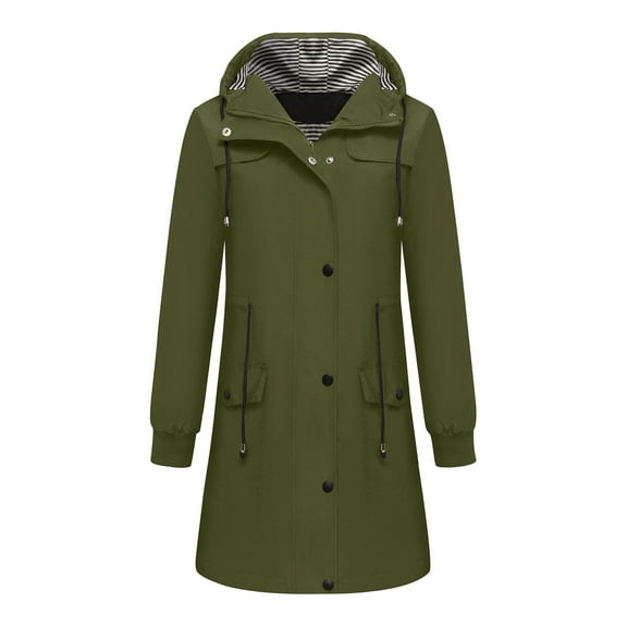 MIUOWANP Fall Jacket Women Trendy Women Fashionable Hooded Drawstring Button Jacket With Zipper Pocket Mid Length Jacket For Winter/Fall Green XXL
