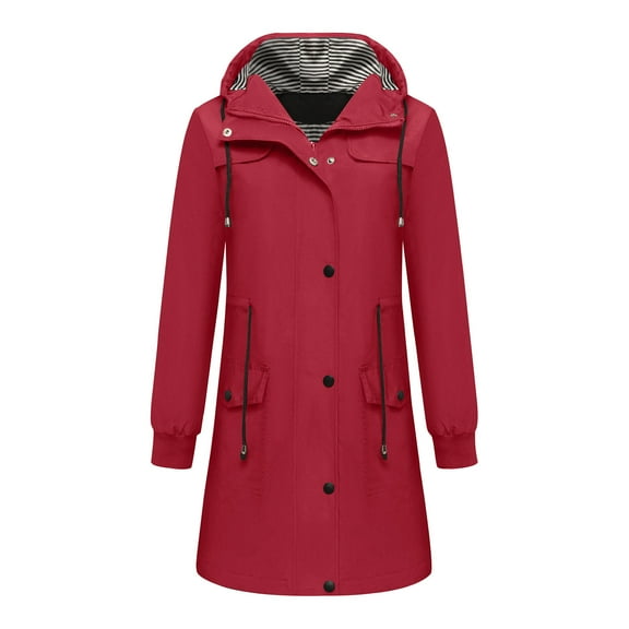 MIUOWANP Fall Jacket Women Trendy Women Fashionable Hooded Drawstring Button Jacket With Zipper Pocket Mid Length Jacket For Winter/Fall Red XXL