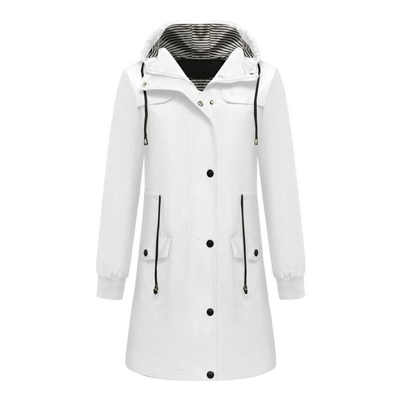 MIUOWANP Fall Jacket Women Trendy Women Fashionable Hooded Drawstring Button Jacket With Zipper Pocket Mid Length Jacket For Winter/Fall White L