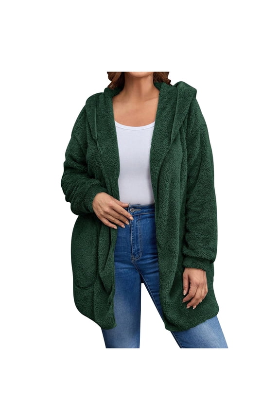 Fall Jacket Women Warm Women's Solid Winter Faux Coats Long Sleeve Hoddede Pockets Fleece Jacket Casual Trendy Outerwear Green L