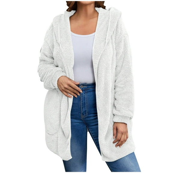 MIUOWANP Fall Jacket Women Warm Women's Solid Winter Faux Coats Long Sleeve Hoddede Pockets Fleece Jacket Casual Trendy Outerwear White XXL