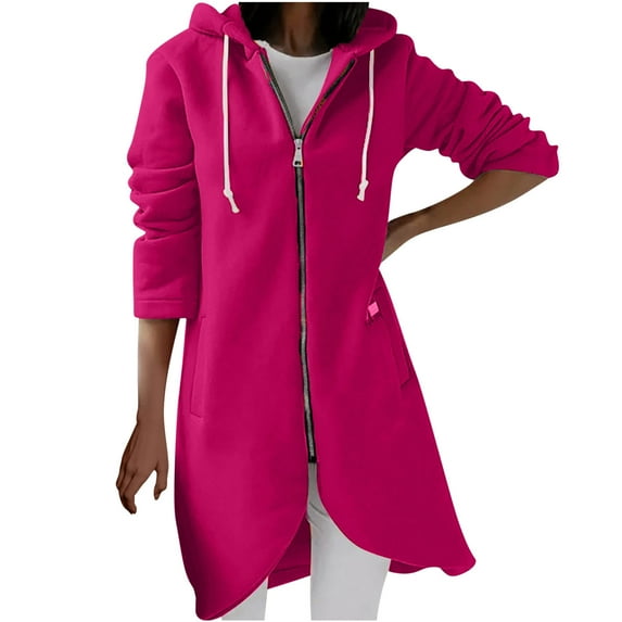 MIUOWANP Fall Jacket Women Women's Solid Color Zipper Long Sleeved Irregular Hem Hooded Sweatshirt Jacket With Pockets Hot Pink S