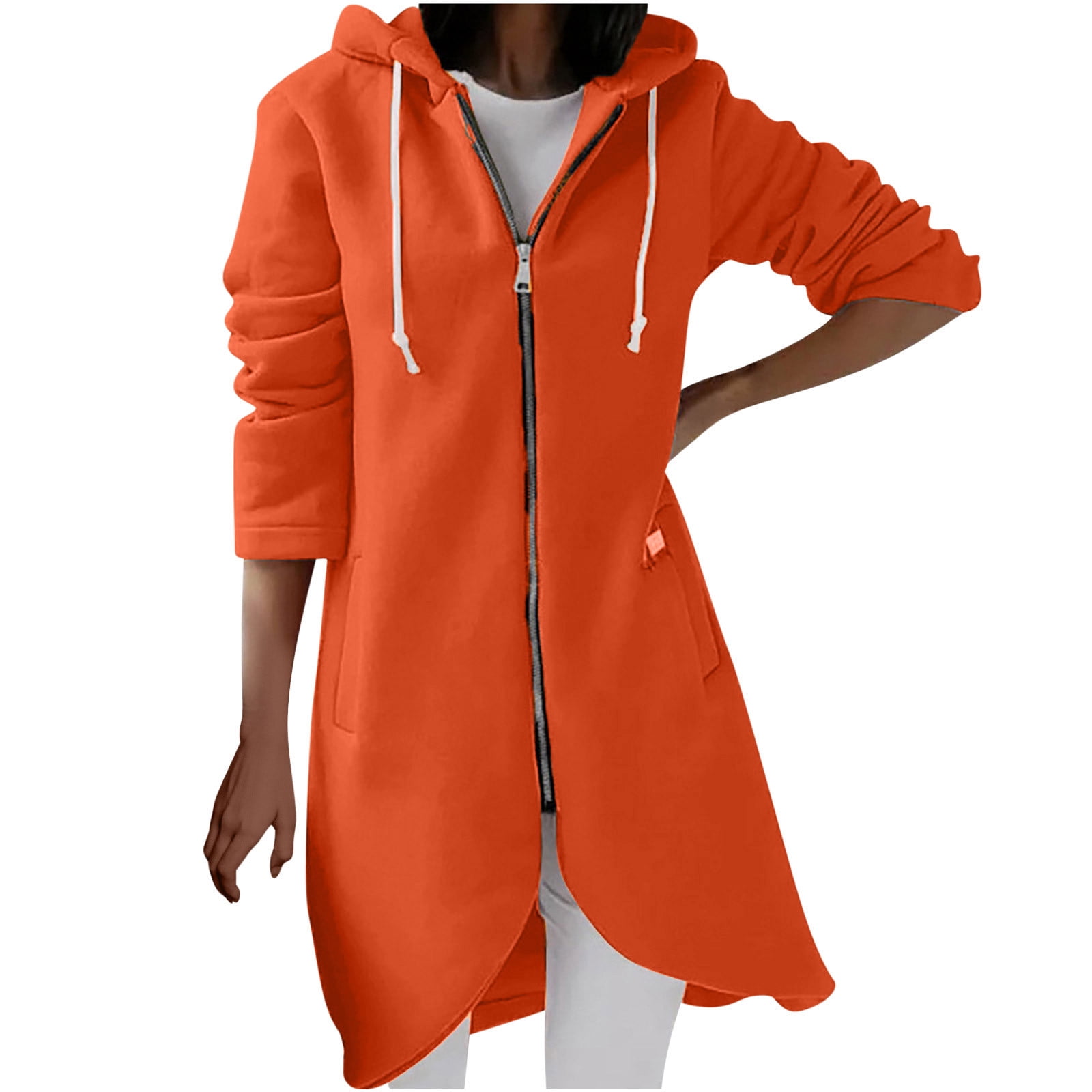 Womens Solid Color Pocket Hooded Jacket