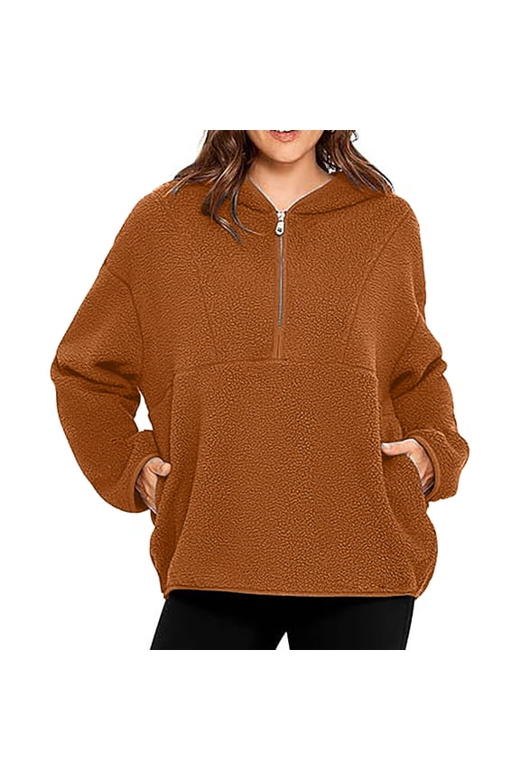 Fall Jacket Womens Women's Loose Casual Solid Color Plush Half Zipper Hooded With Pockets Long Sleeved Sweatshirt Jacket Top Brown M