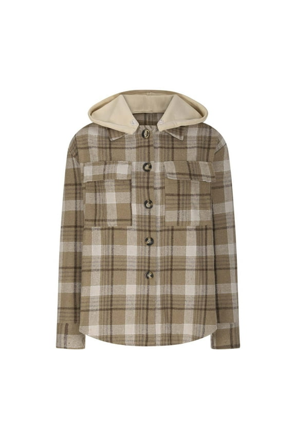 Fall Jacket Womens Women's Plaid Hooded Cardigan Top Jacket Khaki M