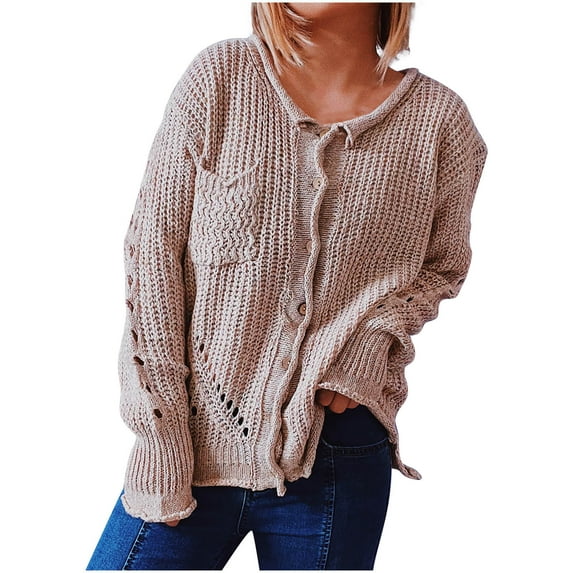 MIUOWANP Fall Sweaters for Women 2024 Fashion Women Casual Round Neck Long Sleeve Sweater Blouse Pullver Tops Khaki XL