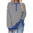 thumbnail image 1 of MIUOWANP Fall Sweatshirts for Women 2024 Graphic Ladies' Fashionable Loose Casual Striped Color Blocked Round Neck Button Up Long Sleeved Shirt Blue S, 1 of 4