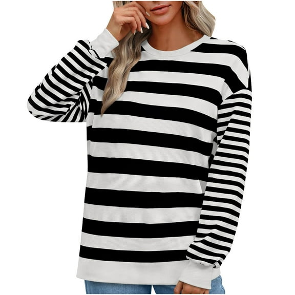 MIUOWANP Fall Sweatshirts for Women Plus Size Women's Fashion Long Sleeved Top Striped Knitted T-shirt Loose Fitting T-Shirt Black L
