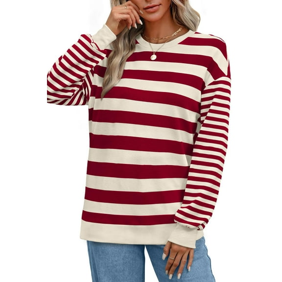 MIUOWANP Fall Sweatshirts for Women Plus Size Women's Fashion Long Sleeved Top Striped Knitted T-shirt Loose Fitting T-Shirt Red XL