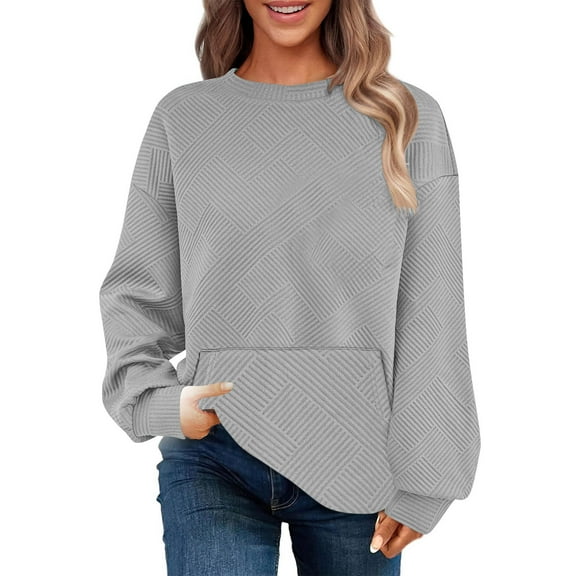 MIUOWANP Fall Sweatshirts for Women Womens Casual Oversized Loose Solid Round Neck Sweater Long Sleeved Tops Gray XL