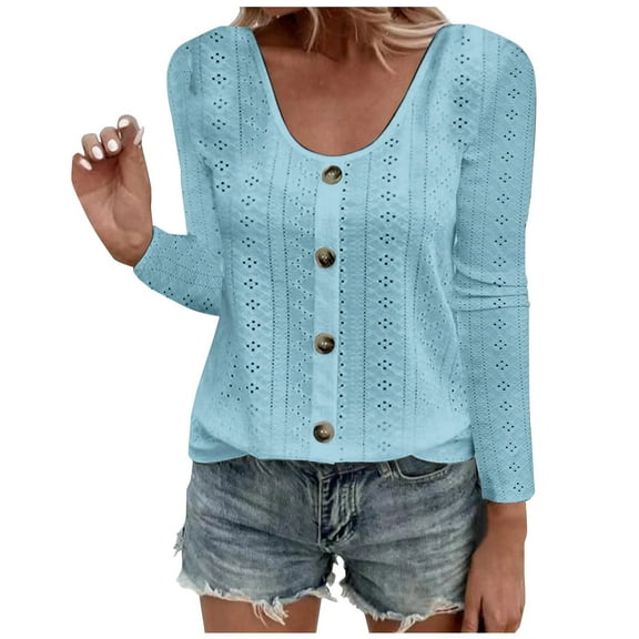 MIUOWANP Fashion Women's Button Round-Neck Long Sleeve Casual T-shirt Blouse Ladies Plus Size Top Shirt on Sale Light Blue XXXL