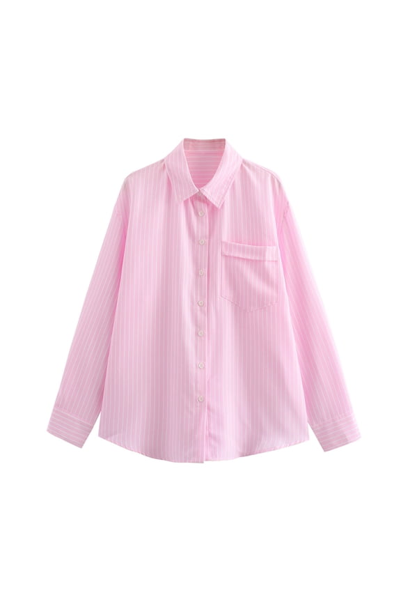 MIUOWANP Fashion Women's Casual Loose Blouses Striped Long Sleeved Pocket Lapel Top Shirts for Women Minimalist Versatile on Sale, Size M Pink
