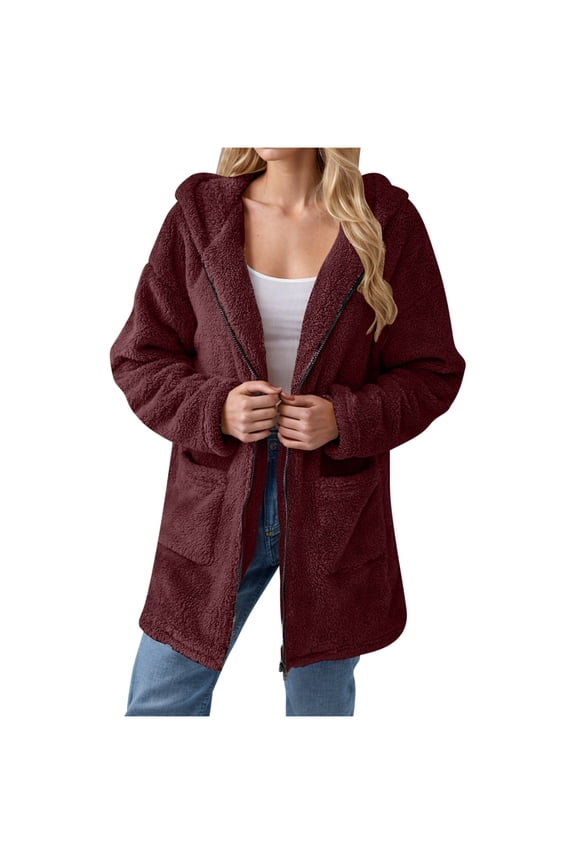 Fleece Jacket Women Half Zip Women's Solid Winter Faux Coats Long Sleeve Lapel Pockets Fleece Jacket Casual Trendy Outerwear Wine XXL