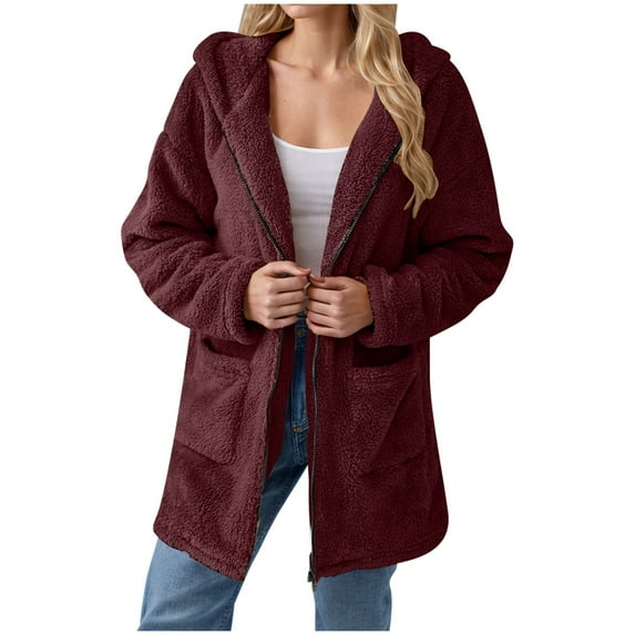 MIUOWANP Fleece Jacket Women Half Zip Women's Solid Winter Faux Coats Long Sleeve Lapel Pockets Fleece Jacket Casual Trendy Outerwear Wine XXL