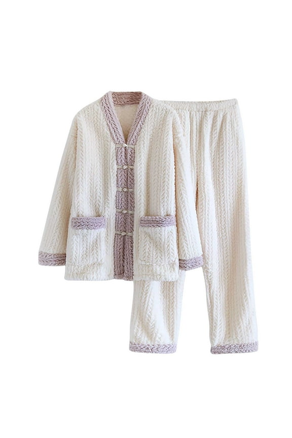 MIUOWANP Fleece Pajamas Set Women Petite Womens Solid Color Thick Flannel Warm And Casual Home Clothes Pajama Set Beige M