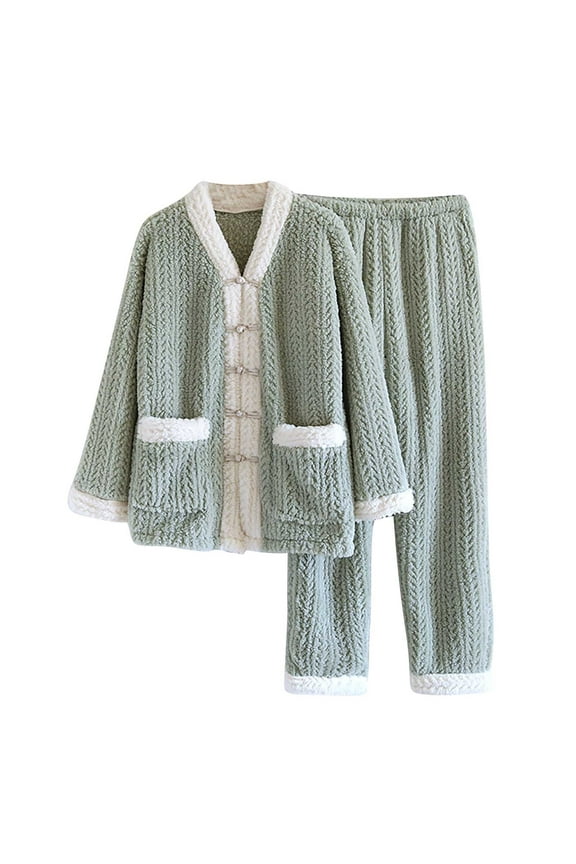 MIUOWANP Fleece Pajamas Set Women Petite Womens Solid Color Thick Flannel Warm And Casual Home Clothes Pajama Set Green L