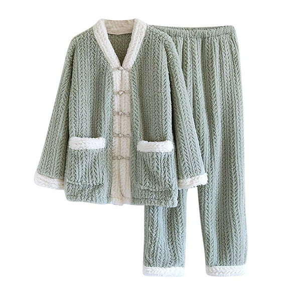 MIUOWANP Fleece Pajamas Set Women Petite Womens Solid Color Thick Flannel Warm And Casual Home Clothes Pajama Set Green M