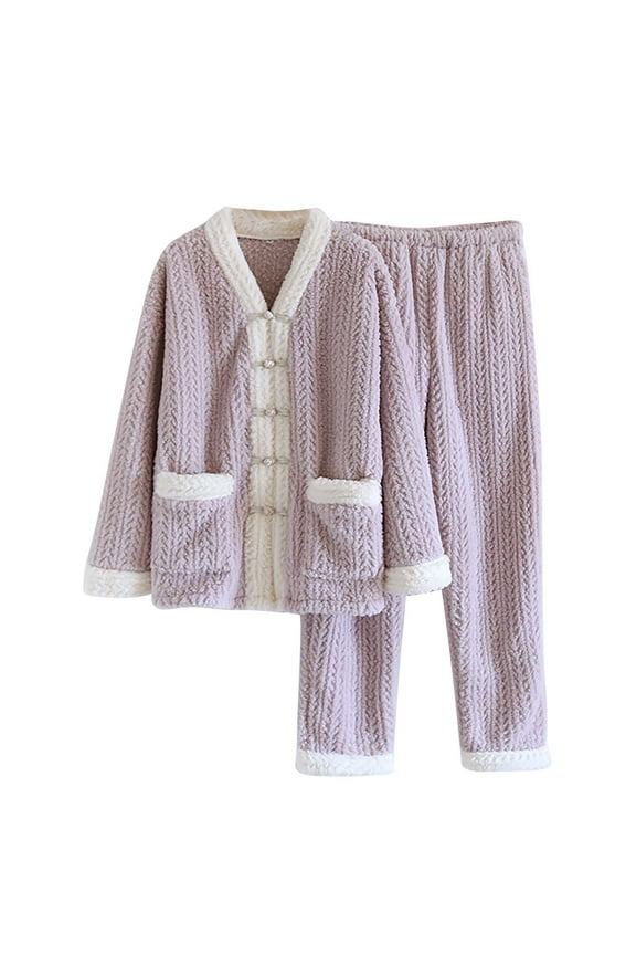 MIUOWANP Fleece Pajamas Set Women Petite Womens Solid Color Thick Flannel Warm And Casual Home Clothes Pajama Set Purple L
