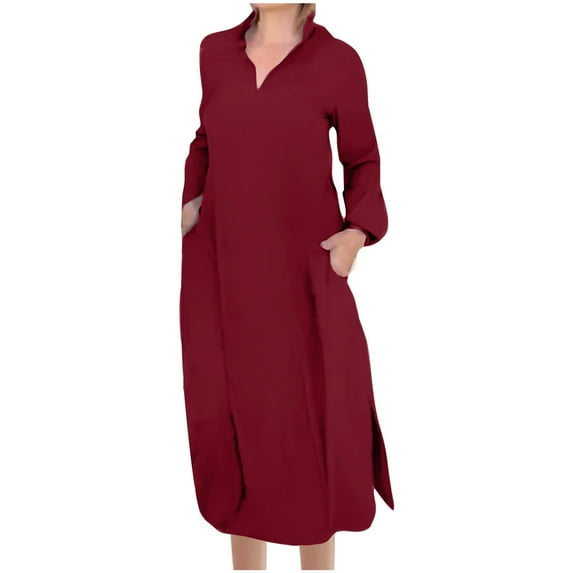 MIUOWANP Flowy Dresses for Women Plus Size Hot Sell Casual Clothing Women's Short Sleeved V-neck Fashion Solid Color High Waist And Ankle Split V-neck Dress Size S Wine