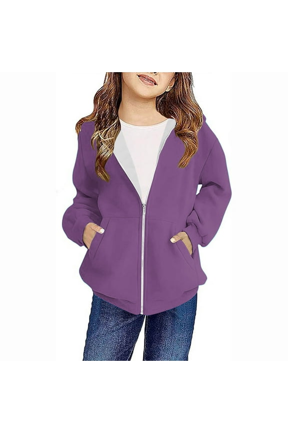 Girls Jacket with Hooded Toddler Kids Boys Girls Fashion Cute Solid Color Print Long Sleeve Pocket Zipper Hoodies Coat Purple 8 Years