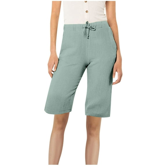 MIUOWANP Half Pants for Women Summer Contrast Color Drawstring Waist Cotton-Linen Blend Casual Shorts Size M(6)Mint Green Under $10