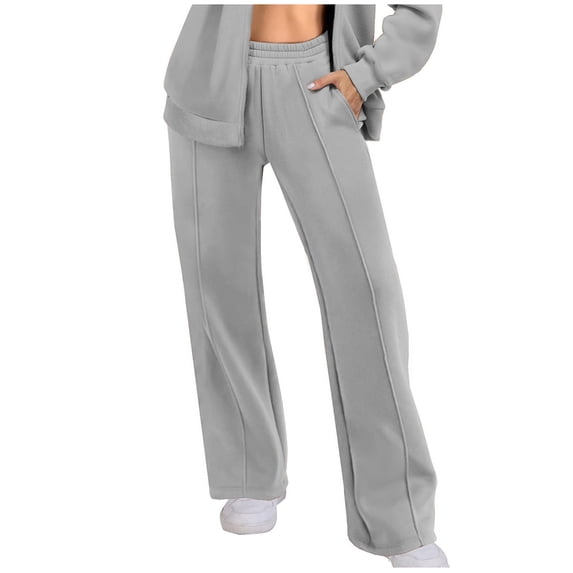 MIUOWANP High Waisted Fleece Sweatpants Women Fashion Trousers Full Pants Casual Straight Solid Color Loose Casual Wide Leg Pants Sweatpants Gray XL