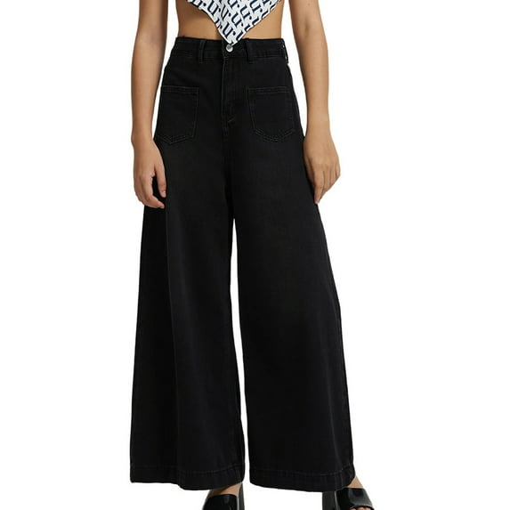 MIUOWANP High Waisted Jeans for Women Solid Color Durability Wide Leg Pants Size M(6)Black