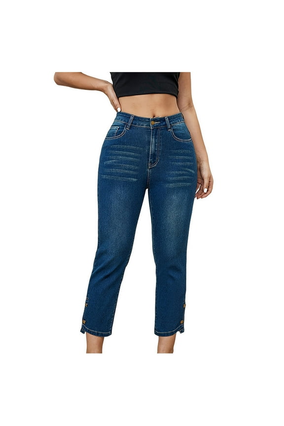 High Waisted Jeans for Women with Pockets Solid Color Slim Fit Pencil Pants Size S(4)Dark Blue