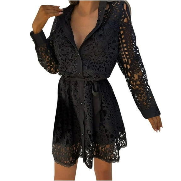 MIUOWANP Hollow Out Casual Skorts for Women Plus Size Hot Sell Casual Clothing Women's Casual Cardigan Lace Breasted Lace Shirt Dress Long Sleeved Round Neck Dress Size XXXL Black