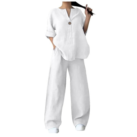 MaFYtyTPR Hot New Models of 2024 Women's Fall/Summer Solid Color V-Neck Casual Lg Sleeve Pocket Wide Leg Pantsuit Women's Outfits Fall Sets 2 Piece ,Size L White