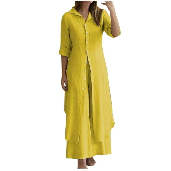 MIUOWANP Hot New Models of 2024 Women's Solid Color Round Neck Short Sleeve Tops and Pants Sets With Pockets Lounge Sets for Women 2 Pice on Sale,Size XL Yellow