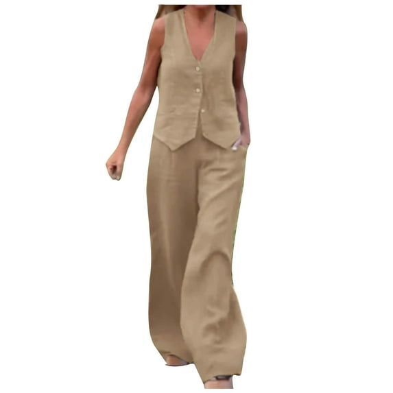 MIUOWANP Hot New Models of 2024 Women's V-neck Vest Pants Collage Patchwork Cotton Linen Wide-legged Pants Solid Color Casual Shirt Suit Lightweight Set for Women 2 Pc Bulk Discount,Size XXL Khaki