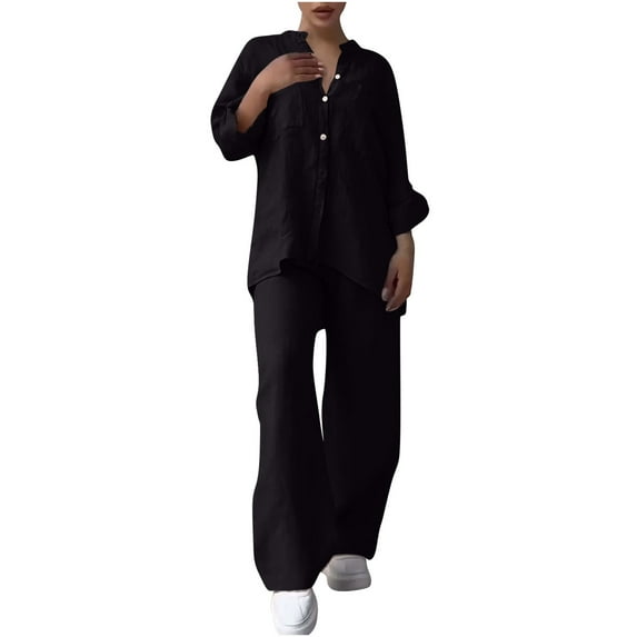 MIUOWANP Hot New Models of 2024 Womens Solid Color Retro Classic Versatile Minimalist Casual Cotton Linen Shirt Drawstring Wide Leg Minimalist Sets for Women 2 Pice on Sale,Size S Black