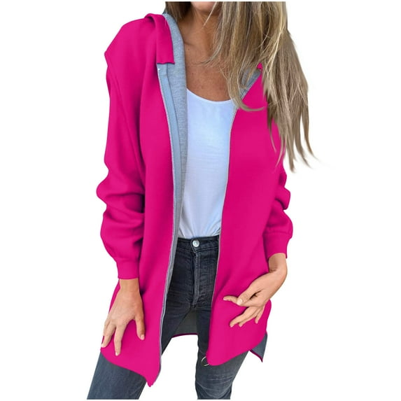 MIUOWANP Jackets for Women Trendy Plus Size Women's Winter New Solid Color Hoodie Medium To Long Pocket Zipper Cardigan Coat Long Sleeve Top