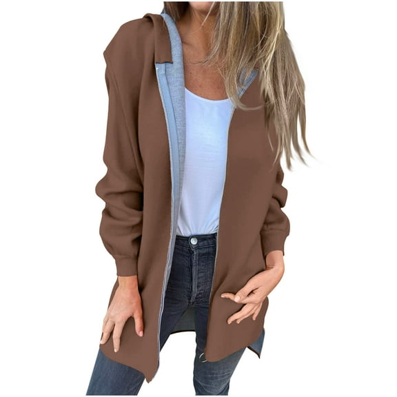 MIUOWANP Jackets for Women Trendy Plus Size Women's Winter New Solid Color Hoodie Medium To Long Pocket Zipper Cardigan Coat Long Sleeve Top